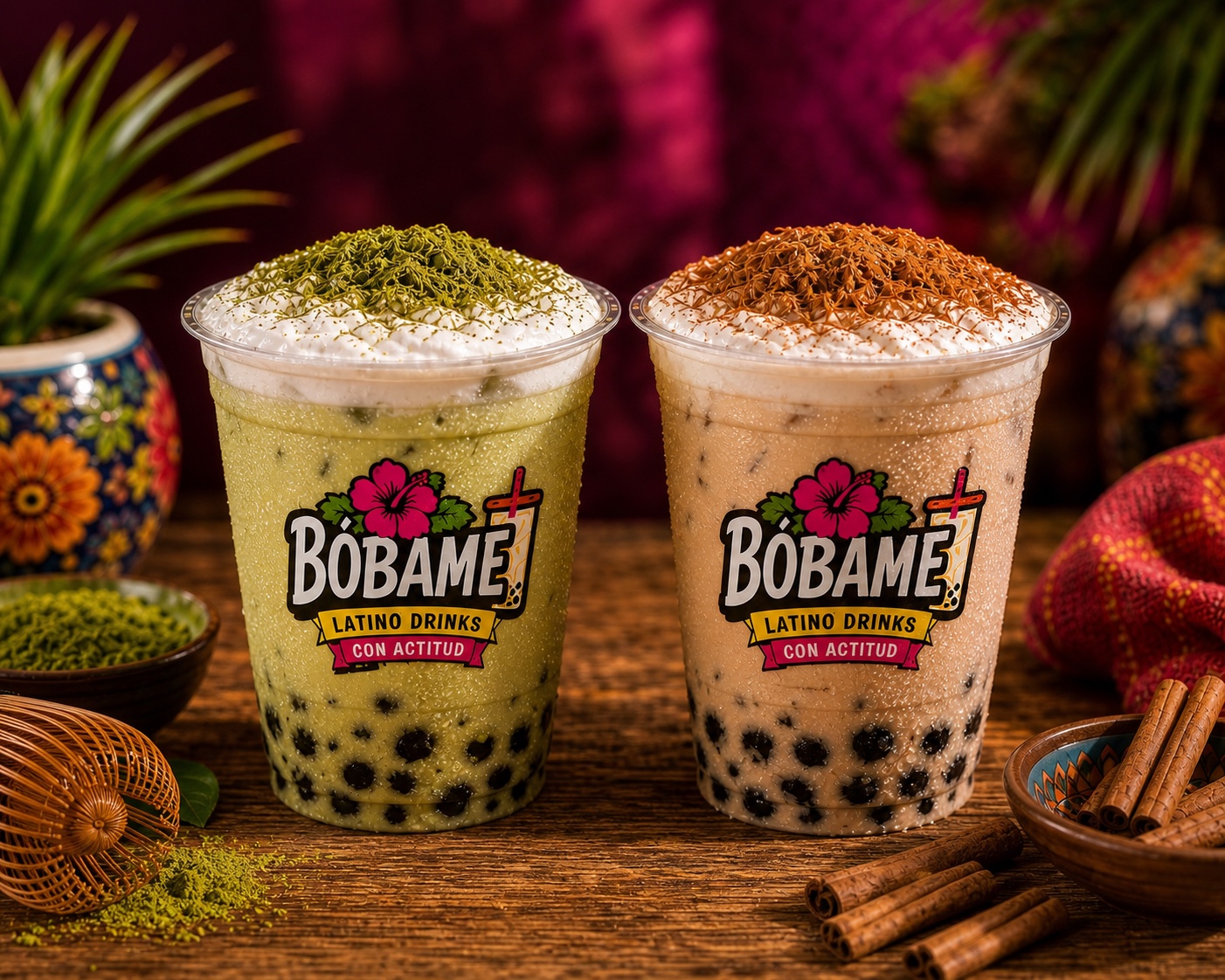 Photorealistic Bóbame matchata and cinnamon horchata drinks